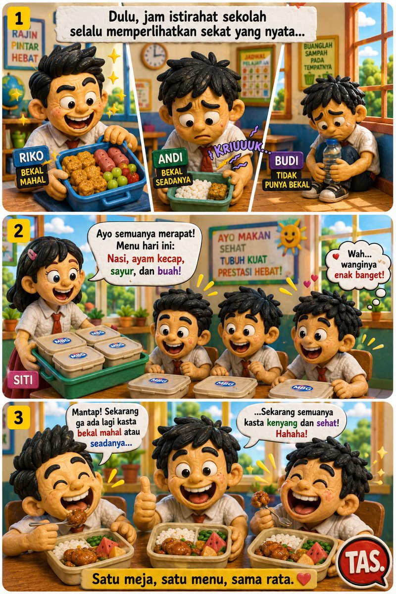 lewiserra's tweet photo. Dulu, sekat terlihat nyata Kemiskinan mengucilkan mereka Kini program MBG meruntuhkan dinding itu. Satu menu, semua kenyang. Senyum tulus kembali ke wajah anak2 Keadilan dimulai dari piring makan.  #LanjutkanMBG

#TREASURE_NEW_WAV #NEWWAV_ALBUM_RELEASE RENJUN ECHOES BETWEEN US https://t.co/0Vg0sM3f3C