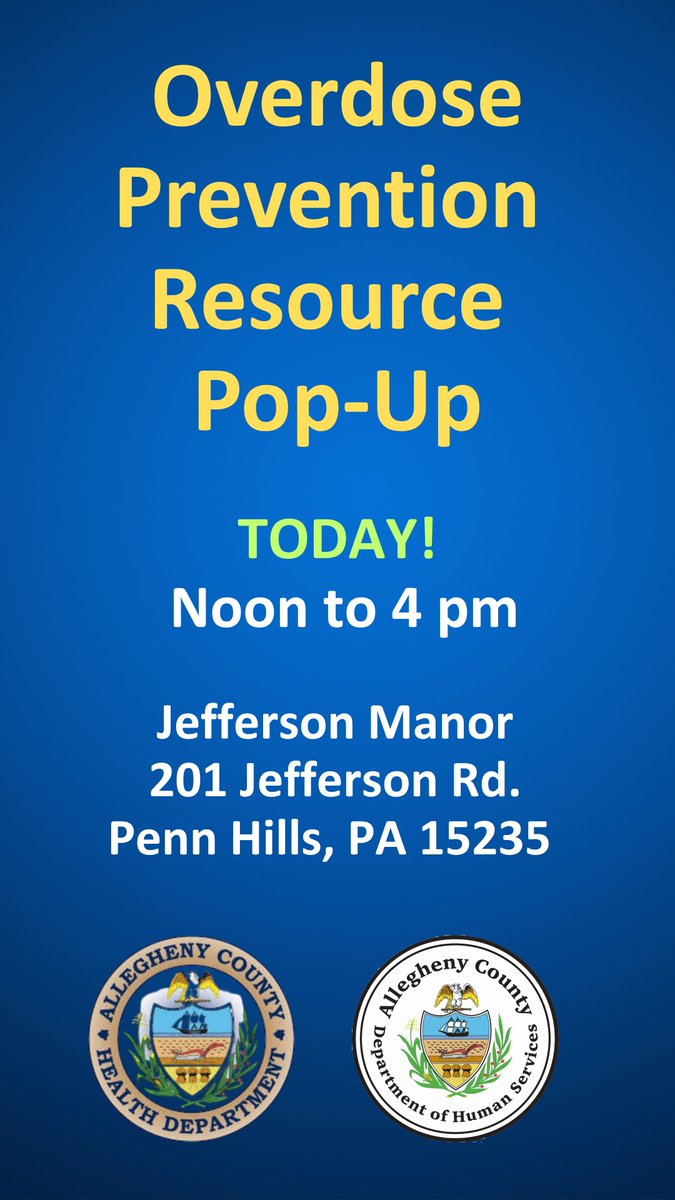 HealthAllegheny's tweet photo. Learn how to save a life, possibly your own!

Stop by our Overdose Prevention Resource Pop-Up TODAY to pick up some resources, take home free naloxone, and connect with some treatment options.  Whether you're asking for a friend, family member or yourself, it's a great place to get guidance in the right direction.

Monday, June 1 — Noon to 4 pm
Jefferson Manor
201 Jefferson Road, 
Penn Hills, PA 15235

#PittsburghEvents #health #PublicHealth #overdose #OverdosePrevention