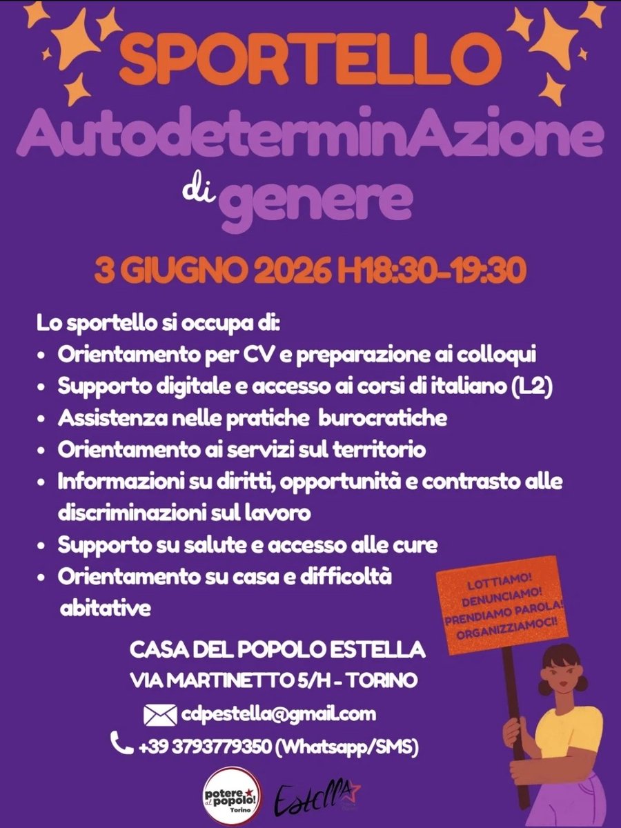 rossa_disera's tweet photo. Partono gli appuntamenti dello Sportello di AutodeterminAzione.
Solo per questa settimana ci vediamo mercoledì 3/06, altrimenti ci trovate il 1° e il 3° martedì del mese.
@PaPTorino https://t.co/GODKCHYvZo