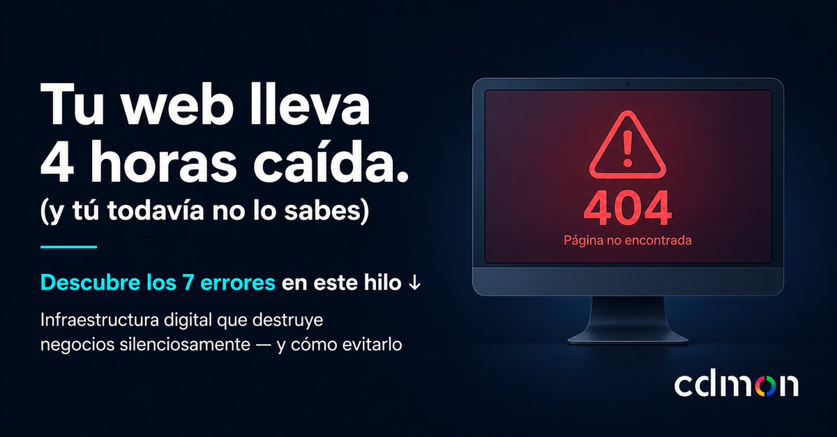 cdmon's tweet photo. Tu web lleva 4 horas caída
y tú todavía no lo sabes.

No es mala suerte.
Es uno de estos 7 errores evitables.

Hilo: 🧵 https://t.co/McE7IFJ6mN