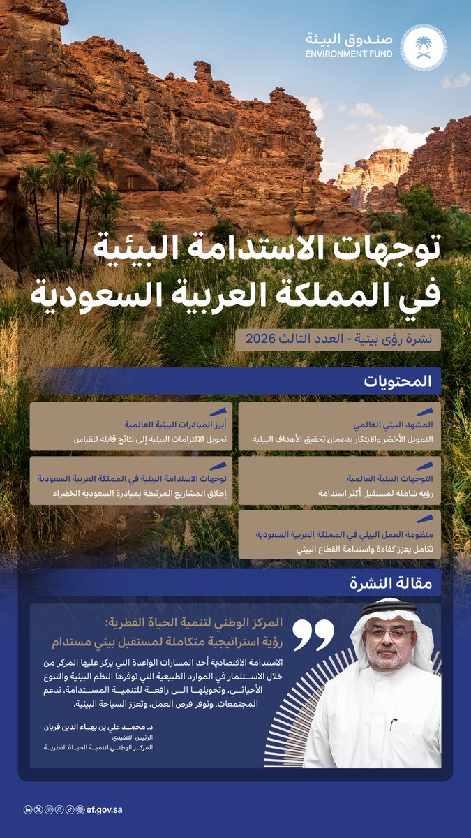 EFspokesman's tweet photo. تسلّط نشرة #رؤى_بيئية في عددها الثالث الضوء على أبرز التوجهات والمبادرات البيئية، والجهود الداعمة للاستدامة وتعزيز مستقبل القطاع البيئي في المملكة🌱

🔗 | للاطلاع على النشرة​
https://t.co/A5FQt3Sa7F https://t.co/gtA25fSELK