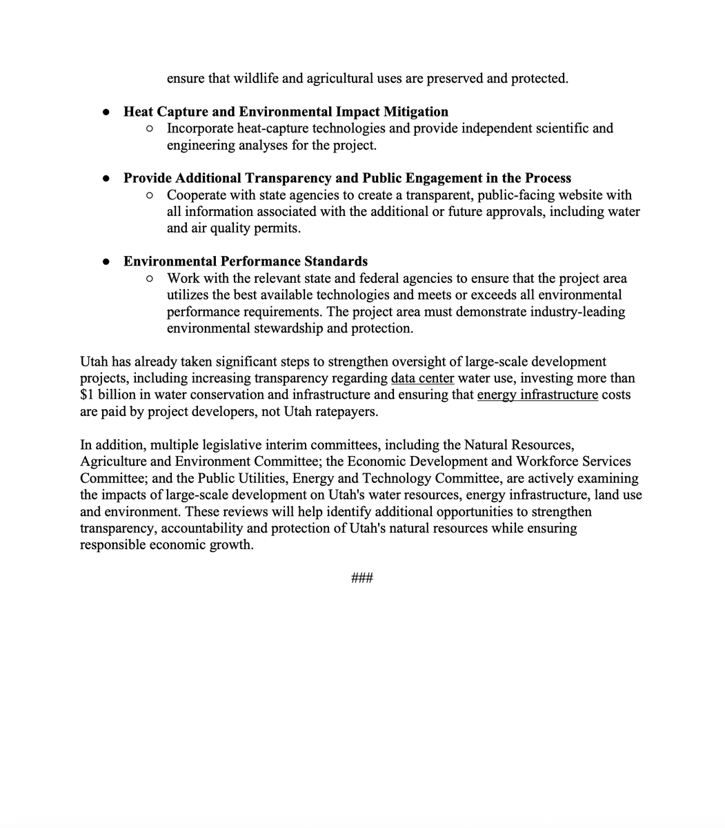 JStuartAdams's tweet photo. I’ve sent a letter directly to @kevinolearytv calling for a 75% reduction in the proposed data center project area, from 40,000 acres to approximately 10,000 acres.

I am also requiring that any excess water be treated and dedicated to the Great Salt Lake, even though none of the water currently used in that area flows to the lake.

In addition, I am demanding greater transparency, stronger conservation commitments and enhanced protections for Utah’s natural resources as this project moves through the review process.