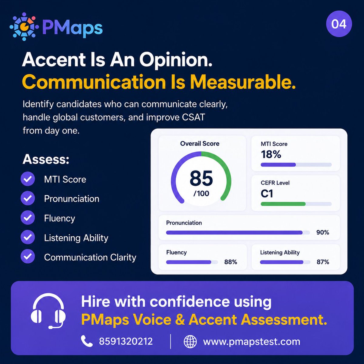 PMapsAssessment's tweet photo. Stop asking "Does this candidate sound neutral?"

Start measuring: pronunciation, Mother Tongue Influence (MTI), listening, CEFR level, real-call performance.

Accent is an opinion. Communication is measurable. 

#Hiring #BPO https://t.co/MItz17H4LG