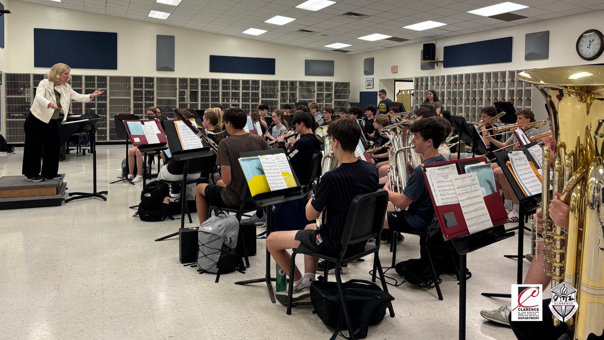 ClarenceCsd's tweet photo. Our @ClarenceMusicD1 students were getting ready for tonight's Annual Kleinhans Concert as they worked with guest conductor Dr. Mallory Thompson. The concert, in its 61st year, starts at 7 p.m and tickets will be on sale at the door. #ClarenceProud @KleinhansBflo @CHS_Devils https://t.co/eoYbpPXlWI
