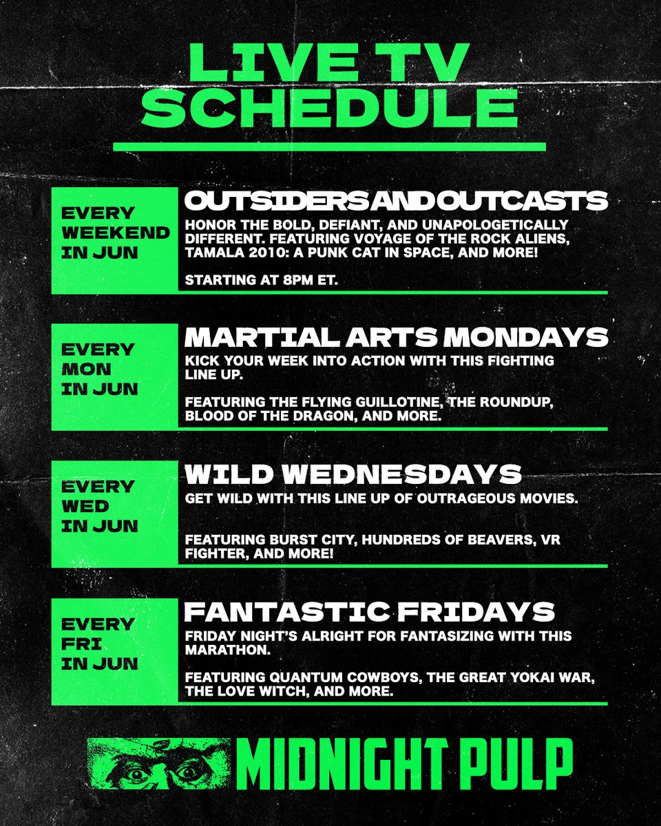midnight_pulp's tweet photo. Outsiders and outcasts are taking over Midnight Pulp.

Get ready for these killer marathons streaming FREE and 24/7 on our live channel. https://t.co/5j9Px7VUIM