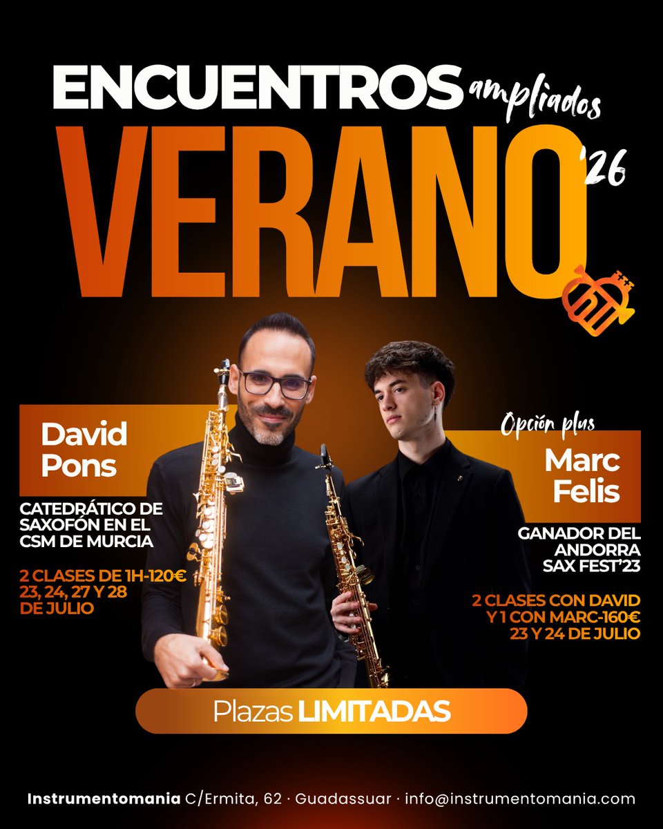 comusica1's tweet photo. NOTICIA 🎙 @instrumentomani acoge los Encuentros Ampliados de Verano para saxofonistas. ¡Todos los detalles en el link! 📲
▶ https://t.co/JHtBLOWOW1 https://t.co/8LBLw3VmwB