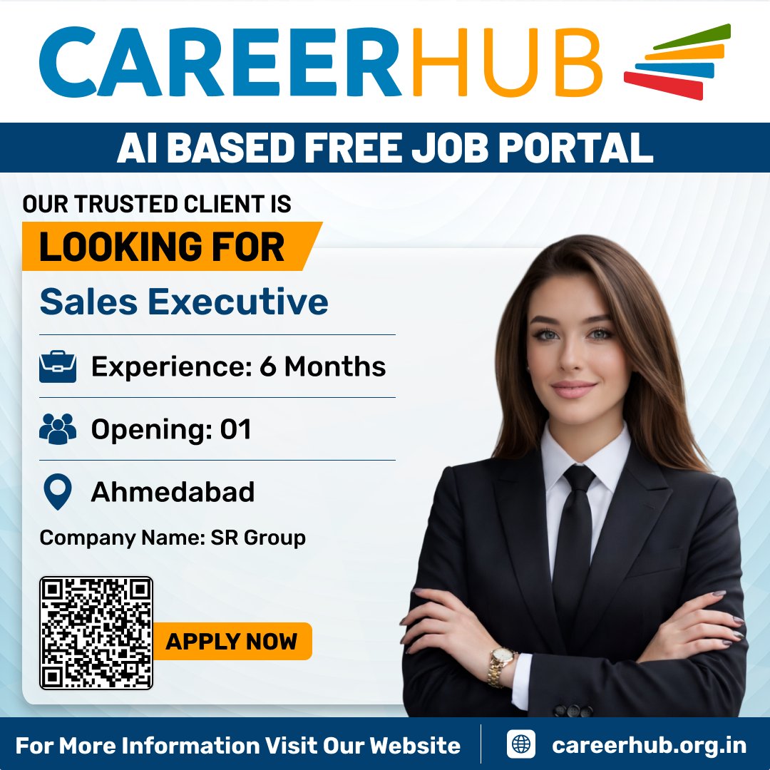 careerhub_iespl's tweet photo. Now Hiring: Sales Executive

Location: Ahmedabad
Experience: 6 Months
Openings: 1
Company: SR Group
Career Hub - AI Based Free Job Portal
Link in bio for more details.
#SalesExecutive #SalesJobs #BusinessDevelopment #LeadGeneration #ClientManagement https://t.co/A0G15LSXJ4