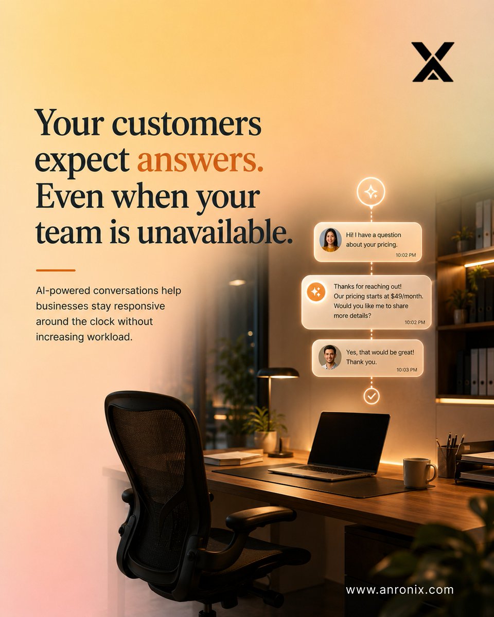 anronixtech's tweet photo. Every conversation matters.

Customers, patients, and students expect quick responses. @anronixtech AI solutions help businesses stay available, respond faster, and deliver better experiences.

#ConversationalAI #AIForBusiness #CustomerExperience #Anronix https://t.co/FU9rhEQ7DY
