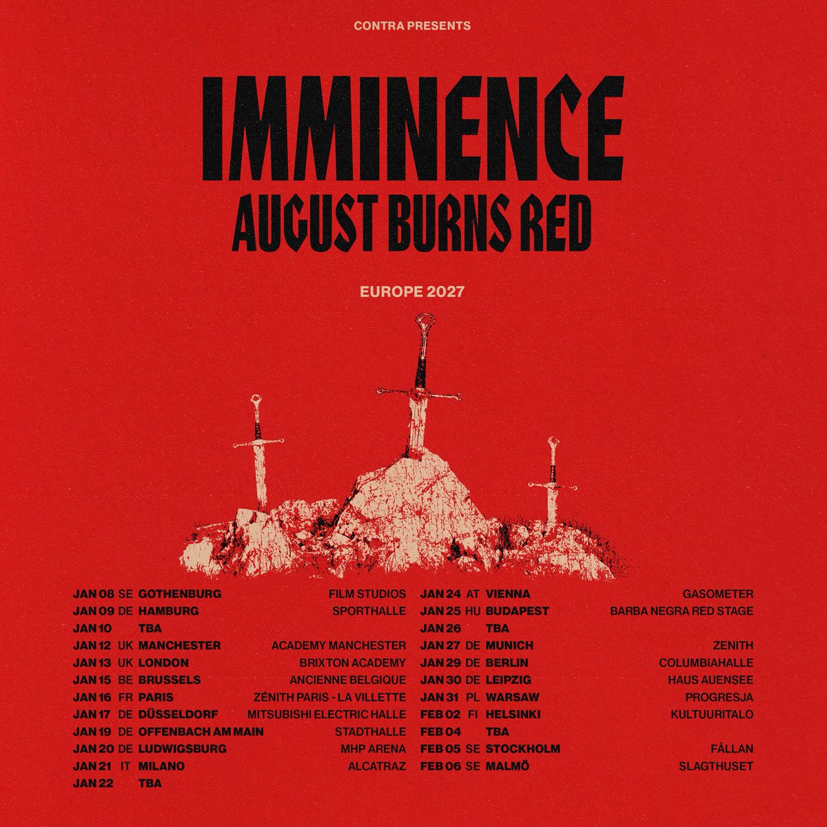 augustburnsred's tweet photo. We’ll be bringing Season of Surrender to Europe for the first time in Jan/Feb 2027 on tour with the mighty @imminenceswe! Artist pre-sale June 2nd. General on sale June 5th. ￼￼ https://t.co/iVlooRvAVo