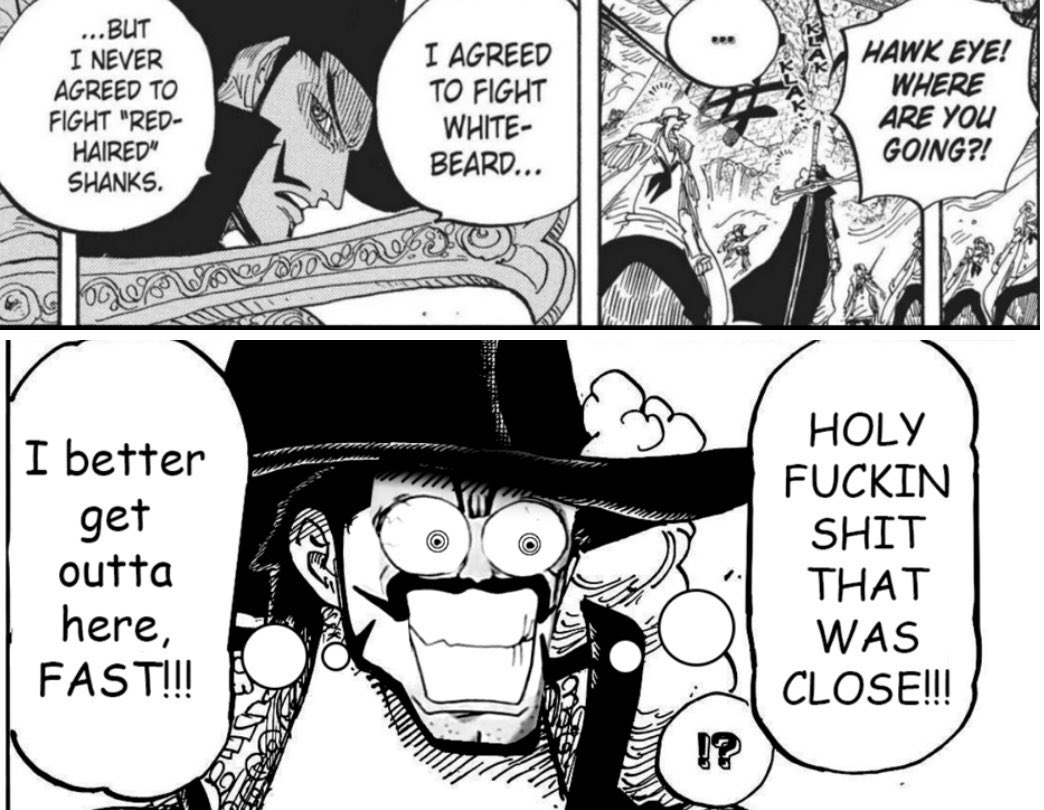 YorozuraJanai's tweet photo. Day 82 saying mihawk is ugly, a fraud, mid tier, irrelevant, YC level, King of Relocate and has stronger haki than random Okamas. https://t.co/W4CoqAc2Q1