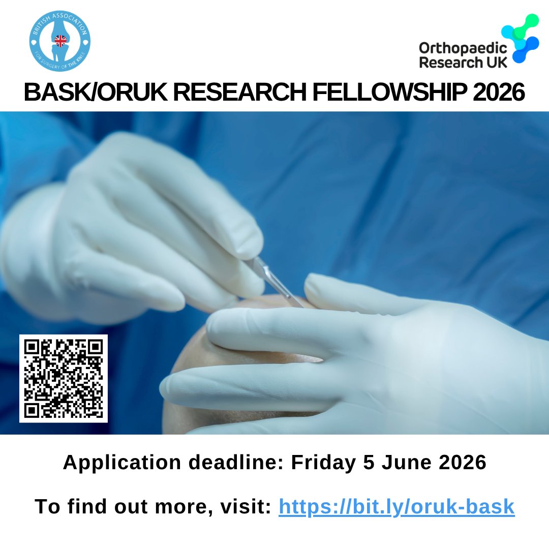 OR_UK's tweet photo. Knee researchers have until THIS FRIDAY to apply for the BASK/ORUK Research Fellowship.  With @BASK_knee , up to £130k will be funded across 2 years for knee research🦵 

Apply by 17:00 on Friday 5 June 2026. Find out more: https://t.co/TMWbAuwxej https://t.co/GCzkl9l4Rp