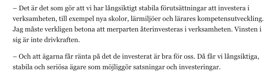 Skolinkvisition's tweet photo. Jag blir så trött på skolkoncernernas lögner, senast från tidigare opinionschefen för Sveriges Lärare – numera opinionschef för Academedia. Orka gärna läsa tre tweets om saken. 

1. Hon säger i en intervju att: "merparten av vinsten återinvesteras i verksamheten". https://t.co/LCjpq3PJ0w