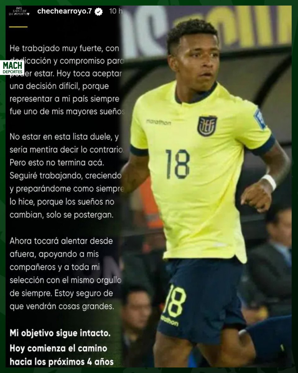 MachdeportesFM's tweet photo. 😔🇪🇨 Kenny Arroyo rompió el silencio tras no ser convocado al Mundial 2026.

A través de una historia en Instagram, el joven extremo ecuatoriano expresó su tristeza por quedar fuera de la lista final de La Tri: "He trabajado muy fuerte para poder estar". Además, aseguró que acepta la decisión y que seguirá esforzándose al máximo con la meta de llegar a la próxima cita mundialista dentro de cuatro años. 💪⚽

¿Crees que Kenny Arroyo merecía un lugar en la convocatoria? 👀👇

🤳🏼 #LaDinastíaContinúa