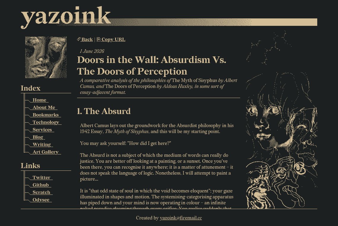 yazoink's tweet photo. been working on a big essay as a pet project lately, and it got to like 80 pages, so i'm separating into a bunch of smaller essays. i just published one on the myth of sisyphus vs the doors of perception, if anyone cares to give it a read
https://t.co/3KNqYTOobK https://t.co/axSAXYFrr7