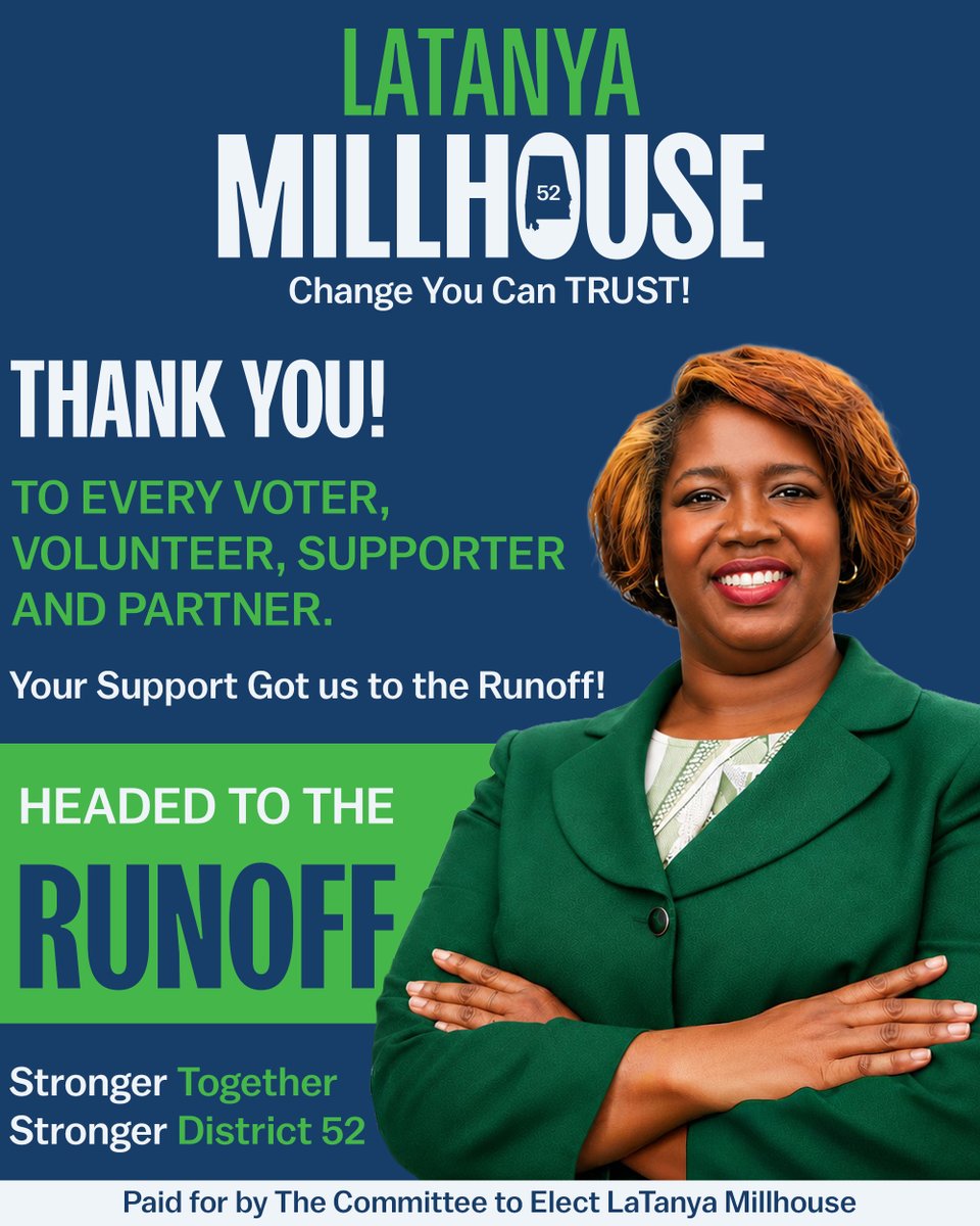 latanyamillhous's tweet photo. Thank You To Every Voter, Volunteer, Supporter, And Partner Who Believed In This Campaign And Made Your Voices Heard.

Because Of Your Dedication, Hard Work, And Support, We Are Headed To The Runoff. This Journey Is Powered By Our Community, And Together We Will Continue Fighting For A Stronger Future For District 52.

The Work Continues, The Momentum Continues, And Together We Move Forward.
Stronger Together. Stronger District 52. 💙

#LatanyaMillhouse #District52 #Runoff #StrongerTogether #CommunityFirst #ChangeYouCanTrust