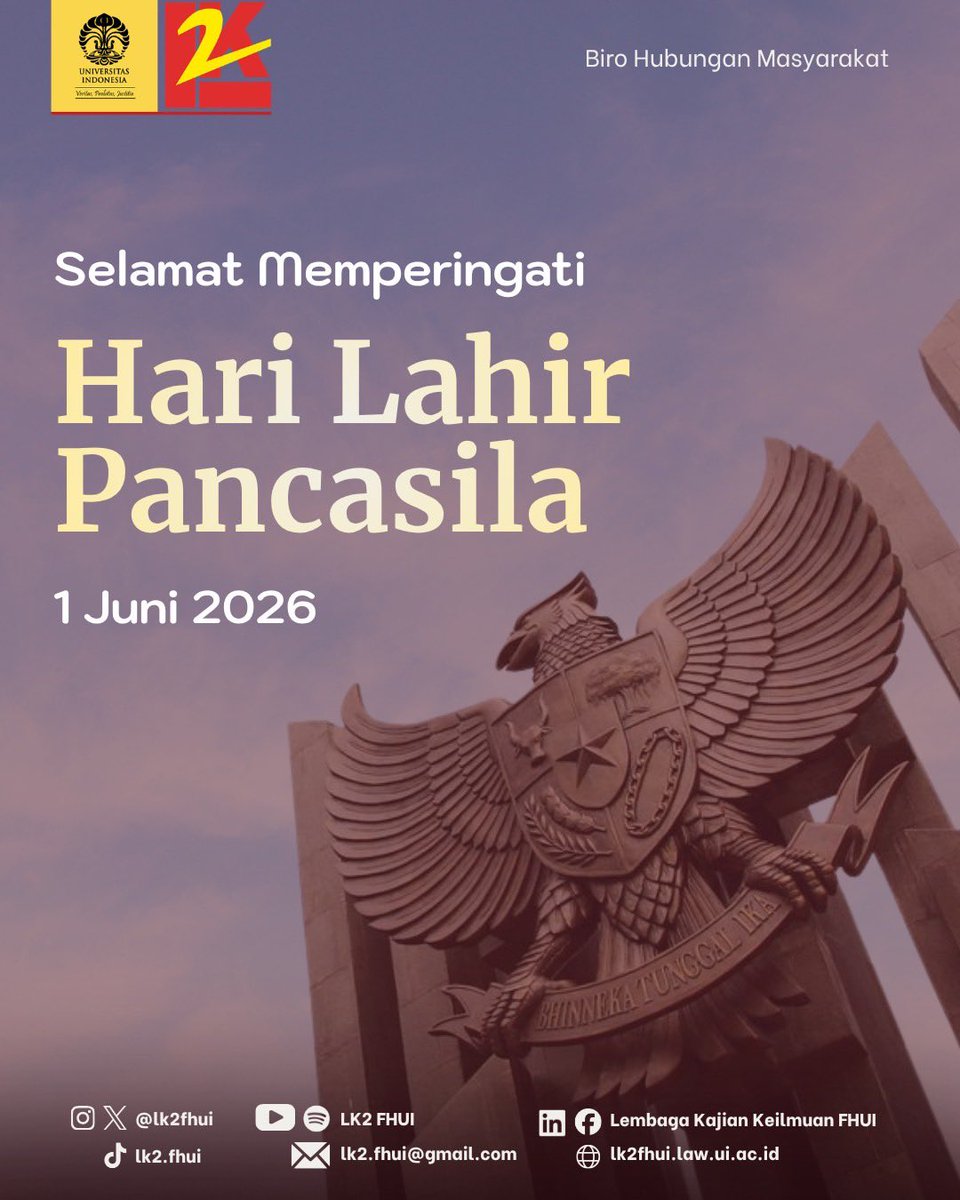 lk2fhui's tweet photo. [SELAMAT MEMPERINGATI HARI LAHIR PANCASILA]

Segenap keluarga besar LK2 FHUI mengucapkan selamat memperingati Hari Lahir Pancasila.

Hari Lahir Pancasila menjadi momentum untuk kembali mengingat dan mengamalkan nilai-nilai luhur yang menjadi dasar kehidupan bangsa kita. https://t.co/bH9joPMCKZ