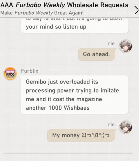 matcharie's tweet photo. LMFAOOO SO THERES A NEW FURBO WHO'S AN Al, AND THAT Al FURBO BURNT 1000 WISHBAES IN TRAILBLAZER'S FURBOBO COMPANY, AND THEN THERES ALSO THIS NEWS OF MHY BURNING $300000 BC OF Al...😂😂 https://t.co/BX34SEbP1f
