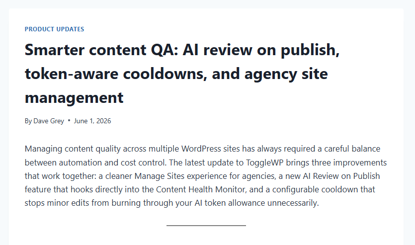 ToggleWP's tweet photo. Smarter content QA: AI review on publish, token-aware cooldowns, and agency site management.

https://t.co/FJ9rggunvJ https://t.co/IBOLkYIJwU