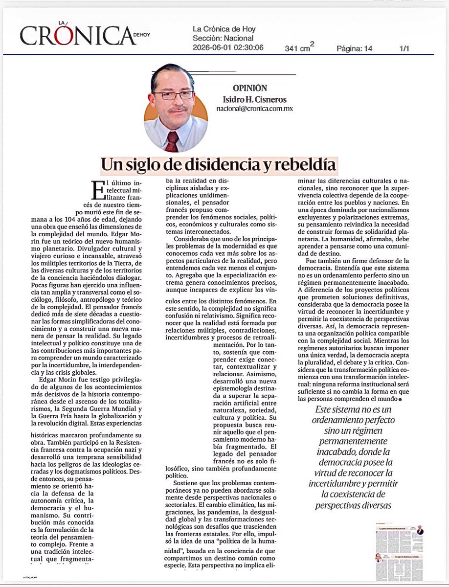 isidrohcisneros's tweet photo. El pensador universal Edgar Morin considera que la transformación política comienza con un cambio intelectual: ninguna reforma institucional será suficiente si no cambia la forma en que las personas comprenden el mundo.

https://t.co/vfhonRCzMU https://t.co/qp9vRcqRX2