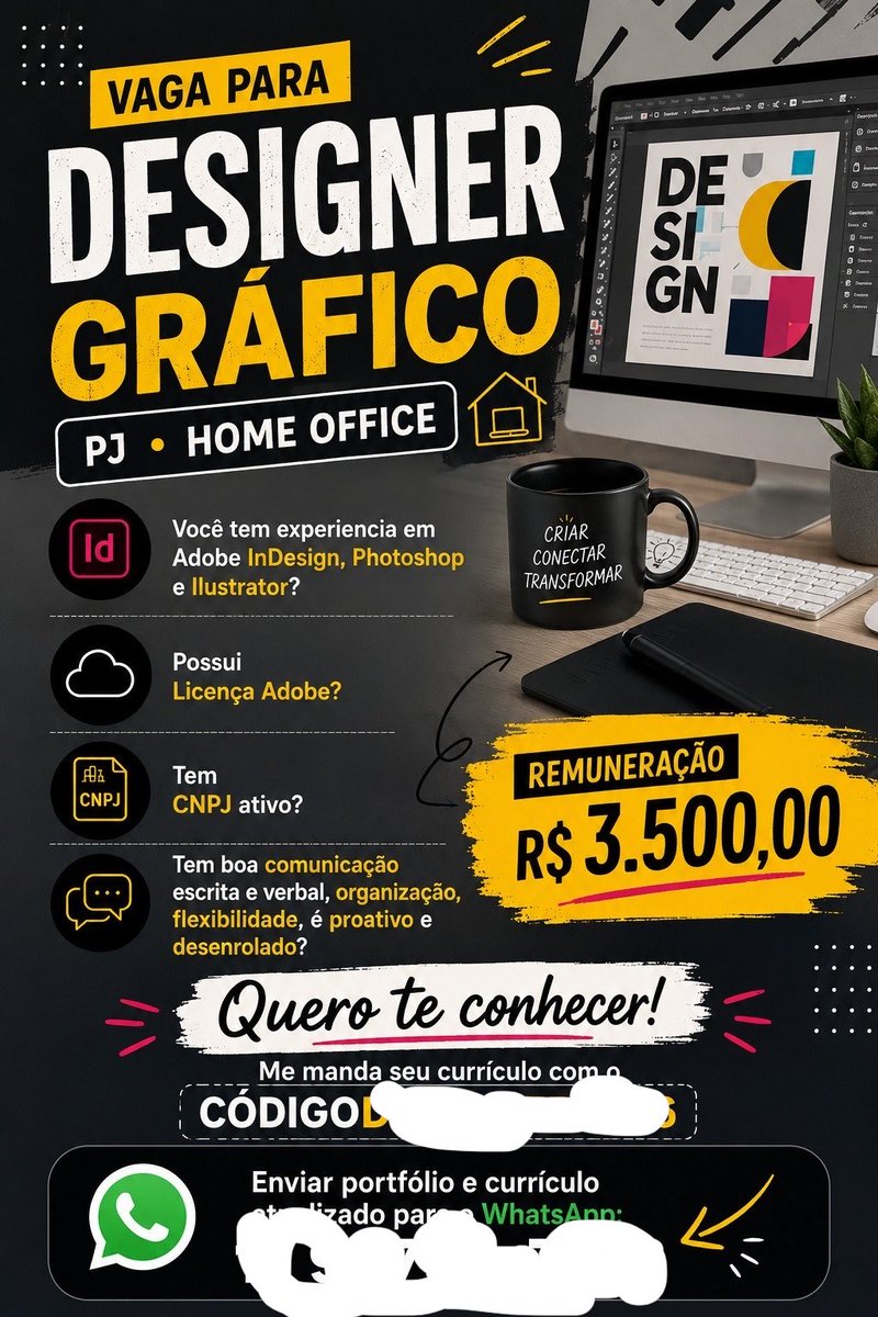 felipedoabc's tweet photo. eu estou DESACREDITADO com essa vaga que eu vi. É para design gráfico, exige photoshop e fizeram a arte com IA para divulgar a vaga, fora o salário e as exigências kk boa escrita, ter licença adobe... https://t.co/XSEPPxFJ30