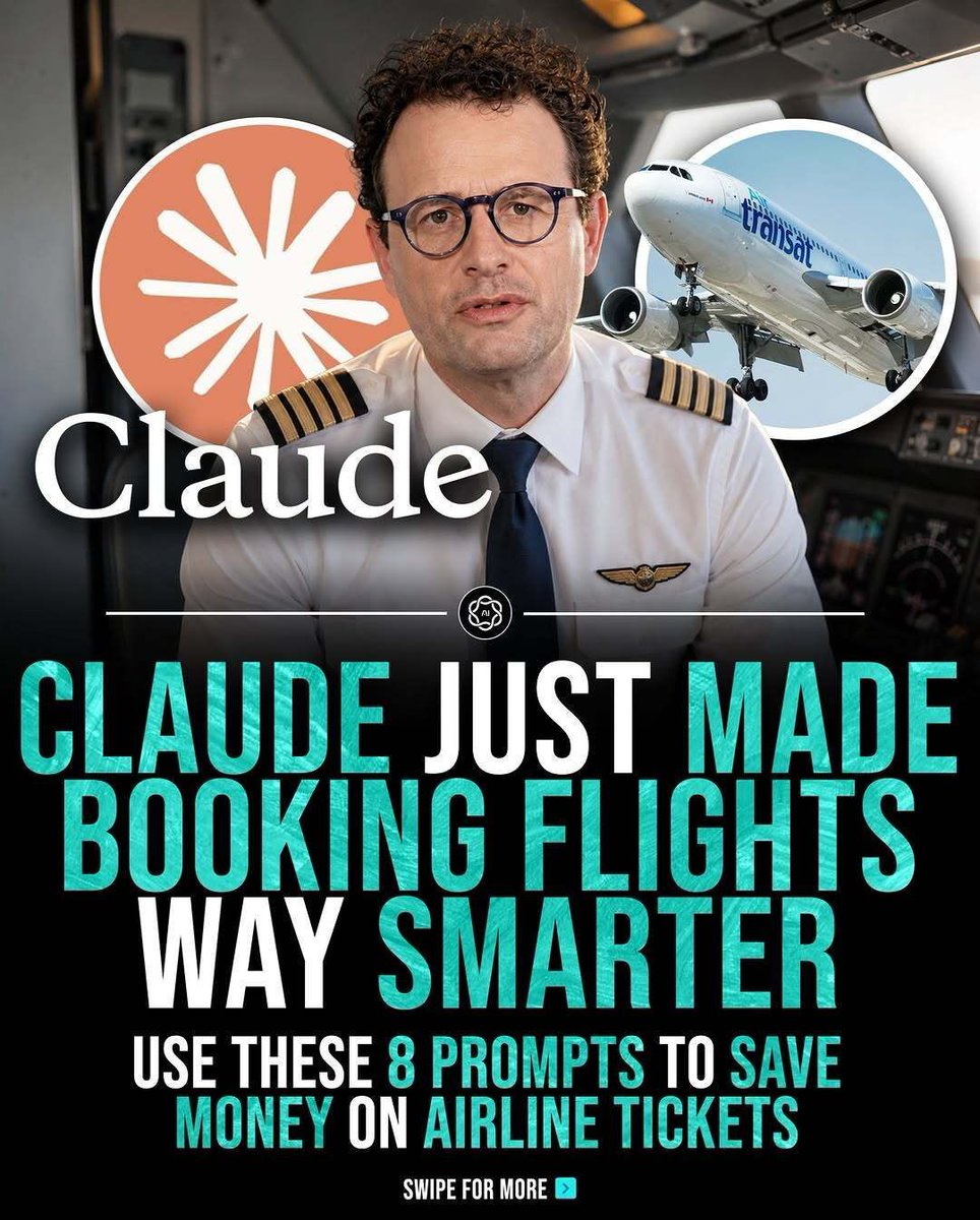 ThePyCoach's tweet photo. How to turn Claude into your flight booking agent.
8 Claude prompts that turn a 2-hour search into a 5-minute decision:

1. Best Date Finder
"Find the cheapest departure and return dates within a ±[X day] window around my target travel dates. Compare different date combinations and give me the top 3 options with clear reasons for each."
2. Hidden Flight Finder
"Find available flights from [origin] to [destination] over the next [X weeks]. Include budget airlines, regional routes, and lesser-known connections. Rank the options by total cost, not just the base fare."
3. Smart Route Optimizer
"Build alternative routes from [origin] to [destination] with 1–2 connections under [X]. Focus on shorter layovers, lower total cost, and airports with fewer expensive transit issues."
4. Deal and Promo Code Checker
"Find active promo codes, flash deals, and flight discounts for [airline]. Verify the source, expiry date, and terms. Filter out outdated or invalid deals."
5. Extra Fee Breakdown
"Break down all possible extra charges for this flight, including baggage, seat selection, priority boarding, card fees, and airport charges. Suggest legal ways to reduce or avoid them based on current fare rules."
6. Price Match Email
"Write a professional but persuasive email asking the airline or travel platform for a price match or discount. Use competitor pricing, loyalty status, current policies, and flexible booking options to make the request stronger."
7. Flexibility and Risk Check
"Compare the change, cancellation, and refund rules for these flight options. Tell me which option has the lowest financial risk if my plans change. Also highlight any hidden clauses I should know before booking."
8. Hidden City Ticket Strategy
"Check whether hidden city ticketing could reduce the price from [origin] to [destination]. Explain the real risks, airline rules, baggage problems, and when this strategy actually makes sense."

Run these before you ever open a booking site.

♻️ Repost this if you learned something new

Image credit: universe.mania