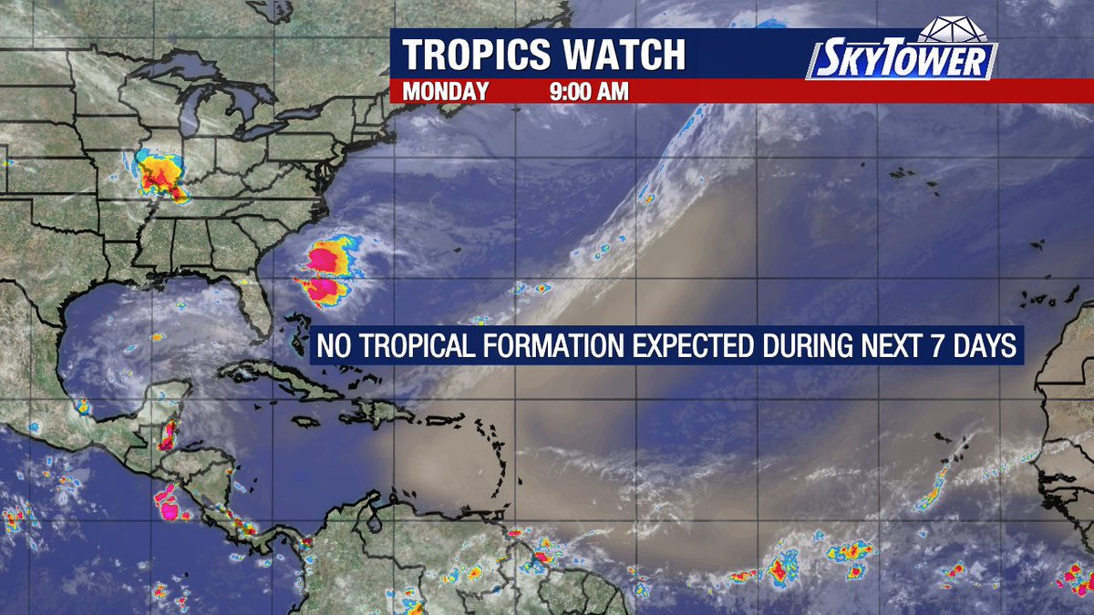 DaveOFox13's tweet photo. Despite all the clouds and humidity, rain chances are only around 20% for Monday. And it's also June 1st, the beginning of the hurricane season. No tropical formation is expected for the 1st week of the season, especially with all that Saharan dust rolling off the coast of Africa https://t.co/4FcMEUDgOx