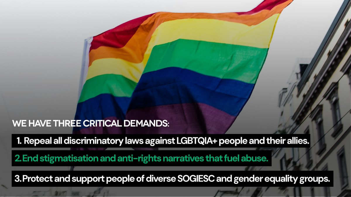 CIVICUSalliance's tweet photo. In too many places, being yourself is still a crime. 🏳️‍🌈

✊ Repeal all discriminatory laws
🔇 End stigmatisation and anti-rights narratives
🛡️ Protect people of diverse sexualities, gender identities, and bodies
#Pride #LGBTQIA #EndDiscrimination https://t.co/qhc8mJleW8