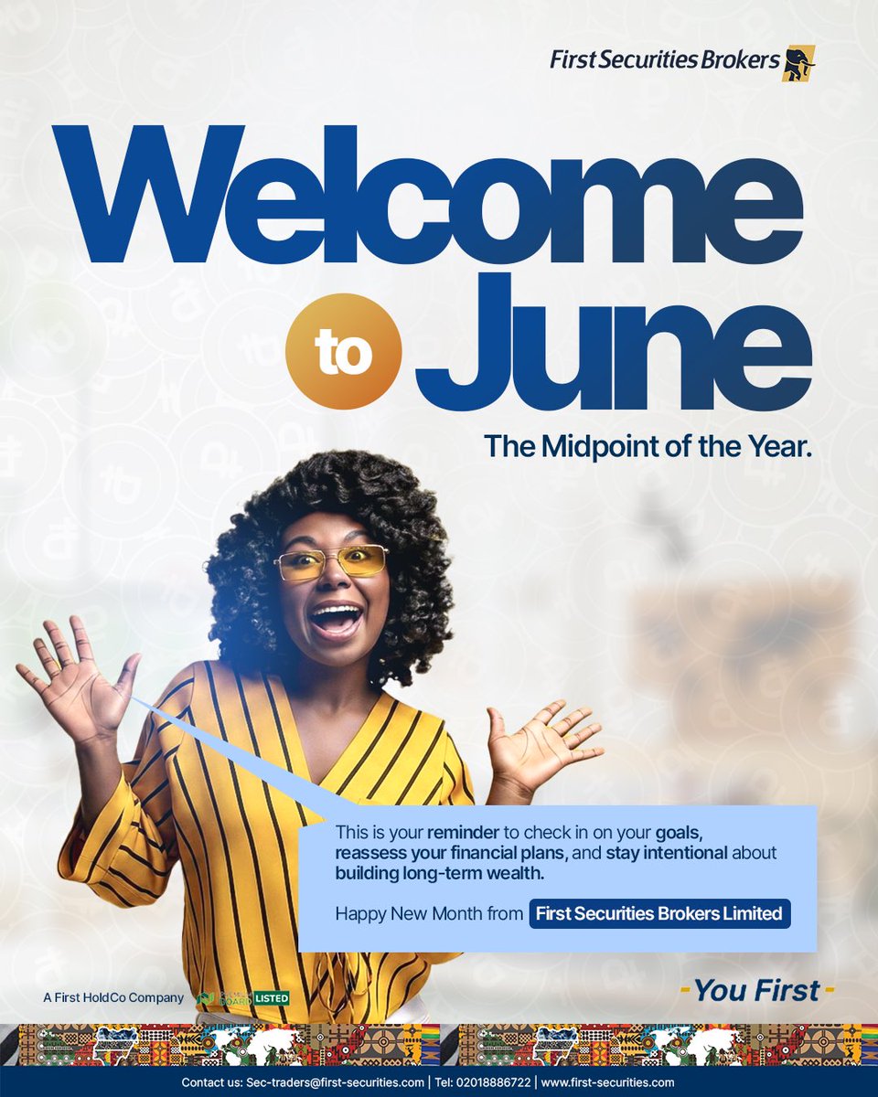 firstsecbrokers's tweet photo. June isn’t just another month on the calendar.

It’s a checkpoint.

A moment to assess what’s working, adjust what isn’t, and move forward with greater clarity and purpose.

Wishing you a productive and rewarding month ahead.

Happy New Month from First Securities Brokers Limited.

#WelcomeToJune #FinancialPlanning #TradeSmarter #FirstSecuritiesBrokers