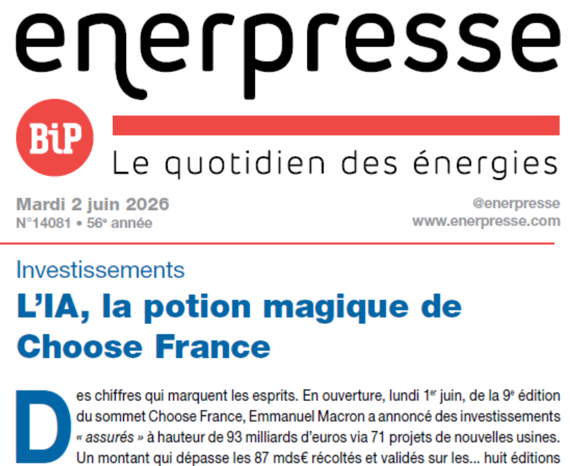 enerpresse's tweet photo. Au sommaire de @enerpresse 

🇫🇷 L’IA, la potion magique de Choose France

🇩🇪 Allemagne - RWE pourrait porter sa participation dans @Amprion à plus de 40 %

🇪🇸 Espagne - CVC cède la totalité de sa participation dans @Naturgy https://t.co/wT4CZR1z2E
