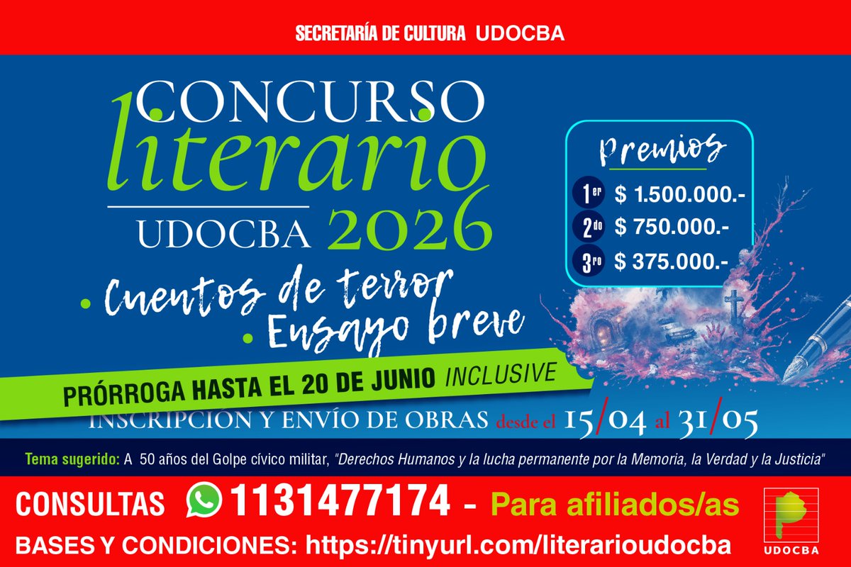 udocbacentral's tweet photo. 📚✍️ Concurso Literario UDOCBA 2026
Se prorroga la inscripción y el envío de obras hasta el 20 de junio.

Categorías: Cuentos de terror y Ensayo breve.

Premios: 🥇 $1.500.000 – 🥈 $750.000 – 🥉 $375.000 https://t.co/QzKzjHlG3r