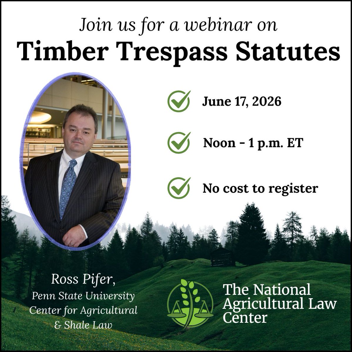 nataglaw's tweet photo. Standing timber can be a valuable asset—but it’s also vulnerable to unlawful harvesting, especially on remote land with unclear boundaries.

Join Ross Pifer of Penn State University's Center for Agricultural & Shale Law (@AgShaleLaw) for a webinar on state timber trespass laws, including key provisions, enhanced damages, and how statutes address innocent vs. willful violations, along with common issues like valuation and boundary disputes.

June 17, 2026 | 12 p.m. (ET) | 11 a.m. CT
No cost to register
Registration/more info here: https://t.co/uUaqgYGknz