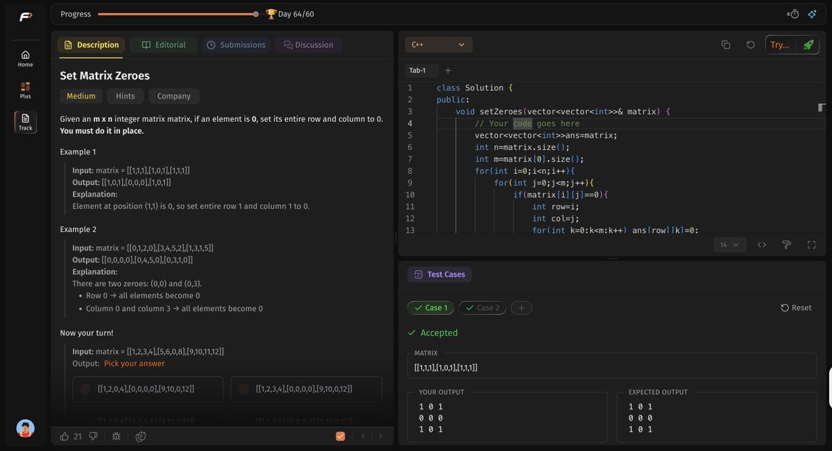 Gaurav71205's tweet photo. Day 1 of the #StriverSDESheet challenge 🚀

✅ Set Matrix Zeros
✅ Pascal's Triangle
✅ Next Permutation
Started revising core array concepts and problem-solving patterns. Small, consistent steps every day towards becoming a better software engineer.
@striver_79  @takeUforward_ https://t.co/u3urqy9zQU
