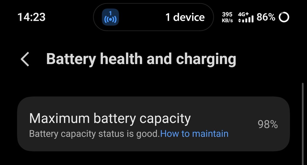 RaptorRelight's tweet photo. @space_jm_ After 10.5 months. This is despite using flash charge at 90w every night and regularly running down to like 5% which ofc isn't good for health.

Current capacity would be 5880 mah which still does 2 days of usage usually https://t.co/wjQqmYHXxW