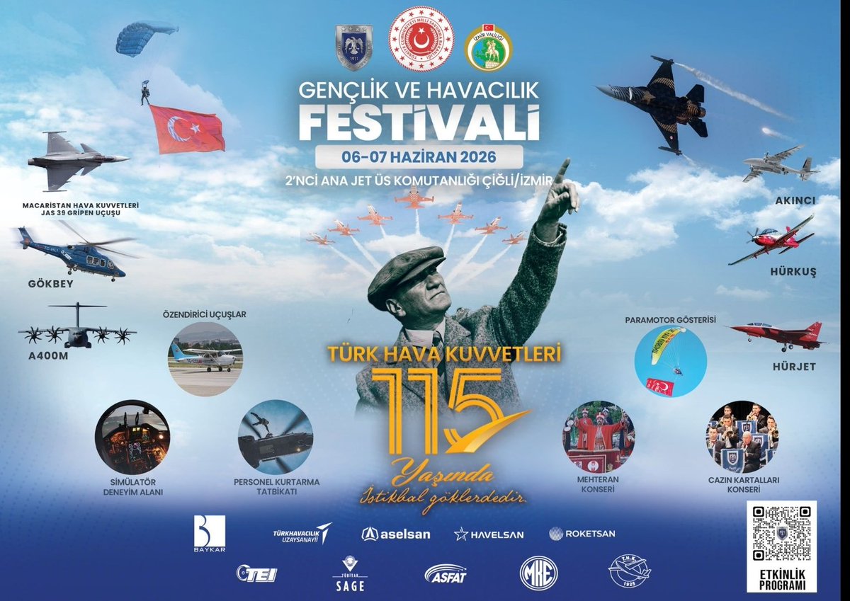 izmir_ilmem's tweet photo. 🇹🇷 Gökyüzüne tutkuyla bakan gençlerimizi ve ailelerimizi, Türk Hava Kuvvetlerimizin 115’inci kuruluş yıl dönümü kapsamında düzenlenen Gençlik ve Havacılık Festivali’ne davet ediyoruz!

📍 Çiğli 2’nci Ana Jet Üs Komutanlığında gerçekleştirilecek festivalde;

🔹 Türk Yıldızları ve SOLOTÜRK gösterileri
🔹 HÜRJET, HÜRKUŞ, GÖKBEY, KIZILELMA ve diğer hava platformları
🔹 Paraşüt atlayışları ve personel kurtarma tatbikatları
🔹 Simülatör deneyim alanları
🔹 Bando, mehter ve konser etkinlikleri
🔹 Öğrencilere yönelik özendirici uçuş faaliyetleri

gençlerimizle buluşacak. 🚀

“İstikbal göklerdedir.” sözünün ışığında; bilim, teknoloji, havacılık ve millî ruhun bir araya geleceği bu büyük organizasyonda geleceğin mühendisleri, pilotları ve teknoloji üreticileri gökyüzüne daha yakından bakma fırsatı bulacak.

📅 6-7 Haziran 2026
📍 2’nci Ana Jet Üs Komutanlığı / Çiğli - İzmir

Tüm öğrencilerimizi, öğretmenlerimizi ve velilerimizi bu heyecanı birlikte yaşamaya davet ediyoruz. 🇹🇷

Detaylı program için:
https://t.co/0c8s5zHQWR

@tcmeb @Yusuf__Tekin @drsuleymanelban @yahsiomer