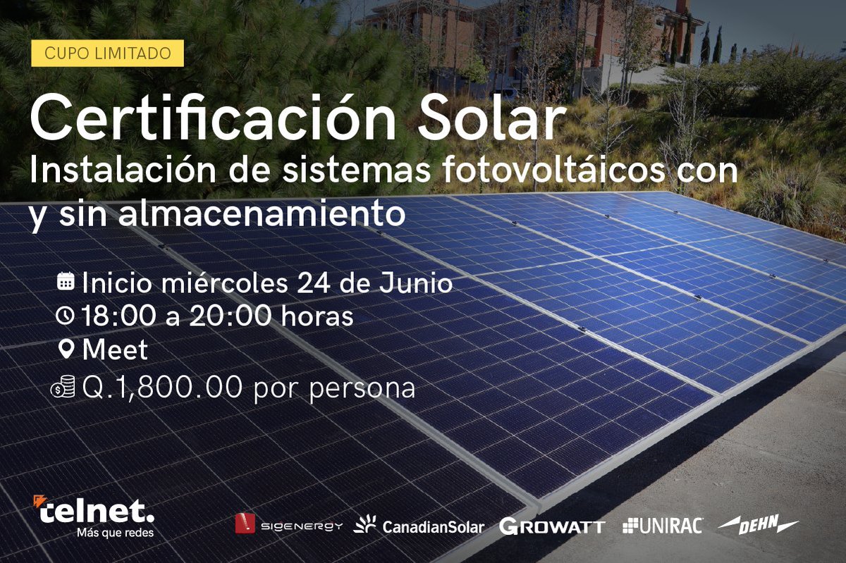 telnetron's tweet photo. ⚡ Aprende sobre instalación de sistemas fotovoltaicos con y sin almacenamiento.
https://t.co/44gqJQWt8B

#TelNet #Tecnologia #Telecom #Telecomunicaciones #Redes #Soluciones #Capacitacion #Estandares #Profesional #Guatemala #CanadianSolar #Growatt #Unirac #Dehn #Fotovoltaicos https://t.co/row6a59zRf