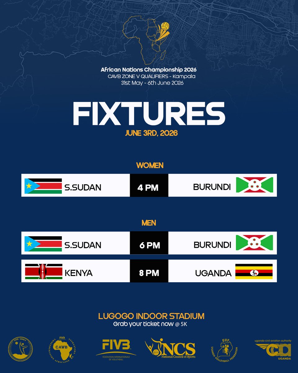 Zone5volleyball's tweet photo. We got you covered for a entire week...
@CAVBPressAfrican Nations Championship.
Kampala Uganda.
#NationsChampionship26
#Zone5Volleyball
#Kampala2026
#LA2028 #Olympics https://t.co/TJlzGRoAXN