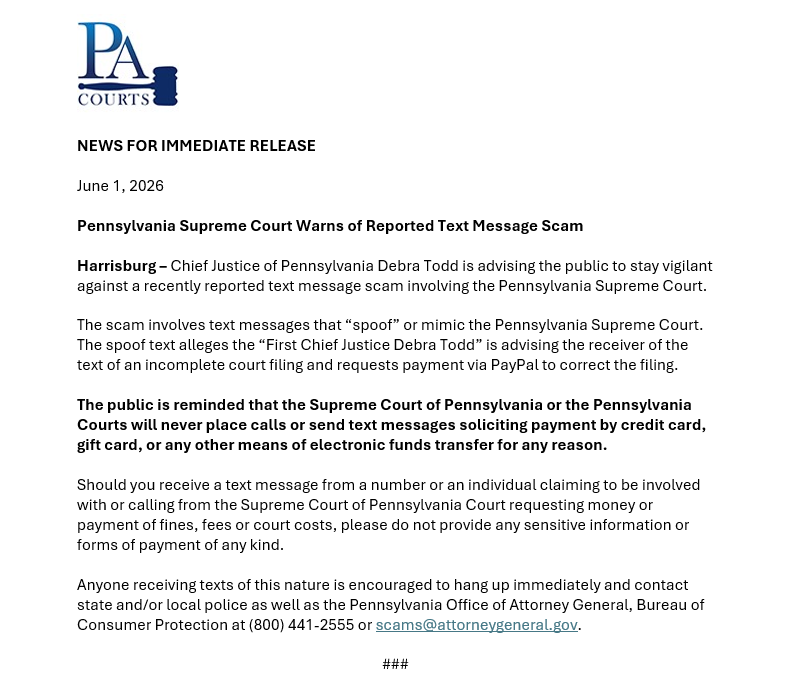 PACourts's tweet photo. NEWS RELEASE: Pennsylvania Supreme Court Warns of Reported Text Message Scam https://t.co/Q81MRYB5wE