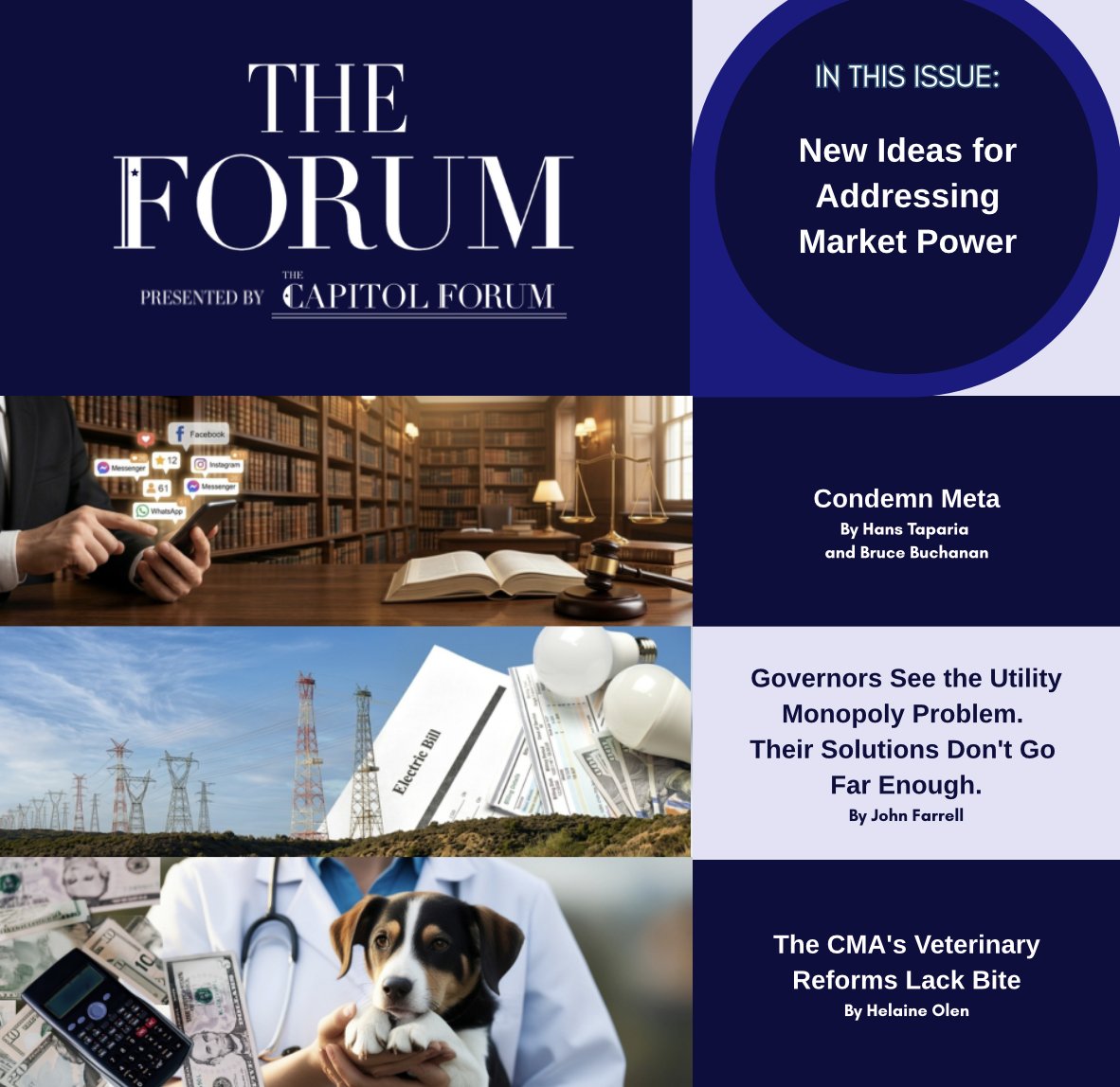 Capitol_Forum's tweet photo. A new issue of The Forum is out now, featuring a proposal to restructure Meta, the shortcomings of utility monopoly reform efforts, and the limits of transparency-focused solutions in the veterinary care market.

👉 Read more and subscribe: https://t.co/G1zhSoMC3Q https://t.co/bAQPSCZA6i