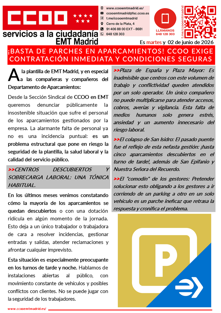 CCOO_EMTMadrid's tweet photo. 🔴 BUENAS NOCHES compañeras/os. Mañana martes estaremos en los distintos Centros de Trabajo de 05:00 a 09:00 y de 20:00 a 01:00 para  ayudaros en vuestras dudas, asesoraros en lo que necesitéis y entregaros en mano nuestro COMUNICADO. 🔴

 https://t.co/zWZAFSXtOF  📲 https://t.co/LieQxVq8cz