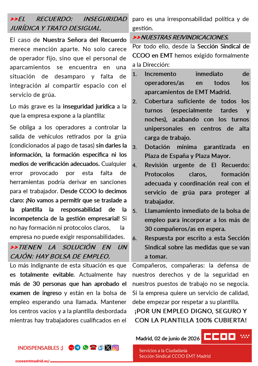CCOO_EMTMadrid's tweet photo. 🔴 BUENAS NOCHES compañeras/os. Mañana martes estaremos en los distintos Centros de Trabajo de 05:00 a 09:00 y de 20:00 a 01:00 para  ayudaros en vuestras dudas, asesoraros en lo que necesitéis y entregaros en mano nuestro COMUNICADO. 🔴

 https://t.co/zWZAFSXtOF  📲 https://t.co/LieQxVq8cz