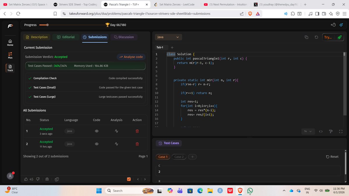therwdyu_day16's tweet photo. Day4 of #100Daysofcoding Taking this @takeUforward_ challenge for the next 45 days #SDESheetChallenge Done with the Set matrix and Pascal's problem, Unable to solve the next Permutation sum, while trying to understand that sum, my mind was totally f**dup, will do that tomorrow https://t.co/tGVeriPw1Q