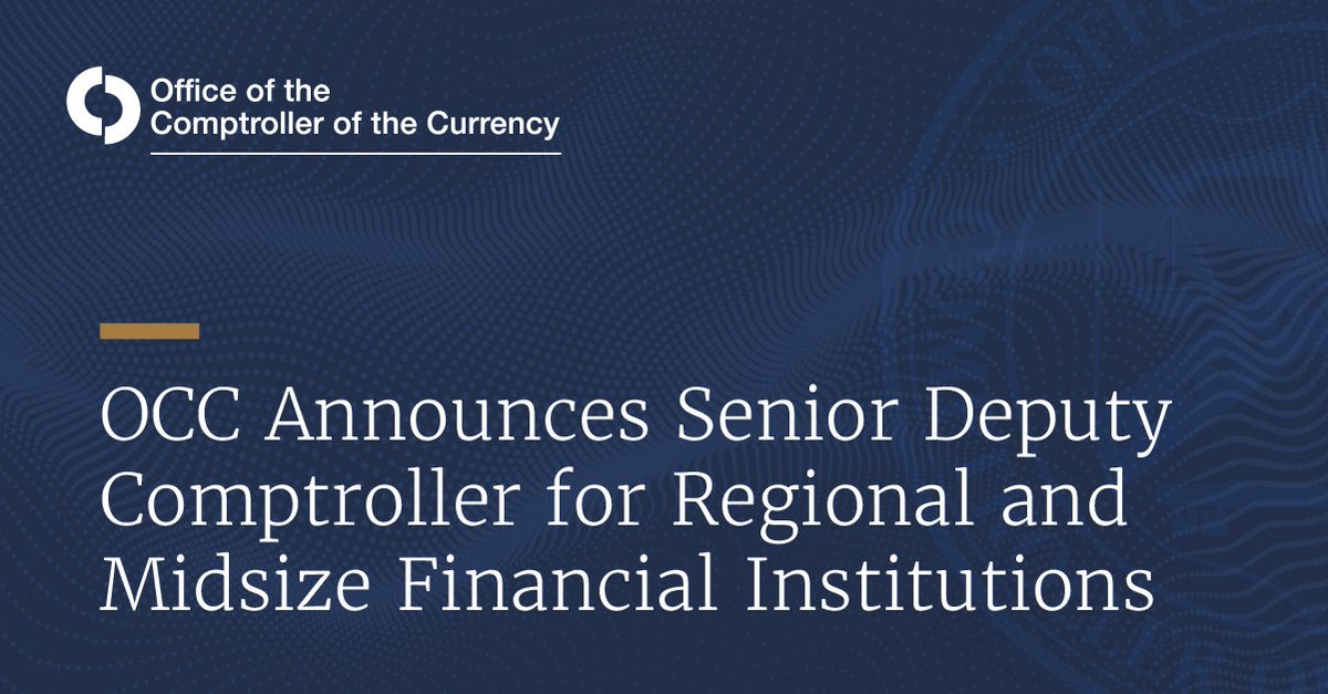 USOCC's tweet photo. The OCC announced Benjamin Eddy will serve as the Senior Deputy Comptroller for Regional and Midsize Financial Institutions, overseeing the supervision of national banks and federal savings associations between $30 billion and $500 billion in assets. https://t.co/sAT6F2Feze https://t.co/e99gHHSQ8F