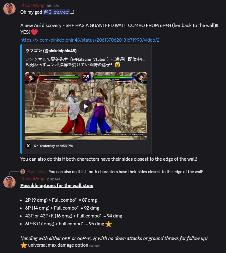 Elson__Wong's tweet photo. Discovering this clip from pinkdolphin48 getting a combo lesson from Natsumi_Vtuber made my morning! Thank you so much!

I just completed a livestream lesson on Aoi (basics) with G_raver the other night and I knew that there were many more discoveries to make of Aoi - and this is just another one!

I tested it on Training Mode, and it worked a treat. Not only can she get a wall combo guanrateed with her back to the wall but if both players have their sides closest to the wall! It's another versatile use of Aoi's 6P+G throw! Very awesome! ❤️

#VirtuaFighter #PlayMoreVirtuaFighter @VFisAWESOME