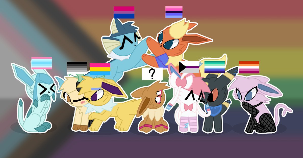 lenatheleafeon's tweet photo. Happy Pride Month!! 🏳️‍🌈❤️  

Today is first day of Pride Month so it's time to celebrate it!! Did you know that every mine OC represents some gender indetity or orientation? Well, if you didn't - here's an art of all of them! :>

#pokemon #pridemonth #eeveelution #art https://t.co/Ms3vjlzyCr