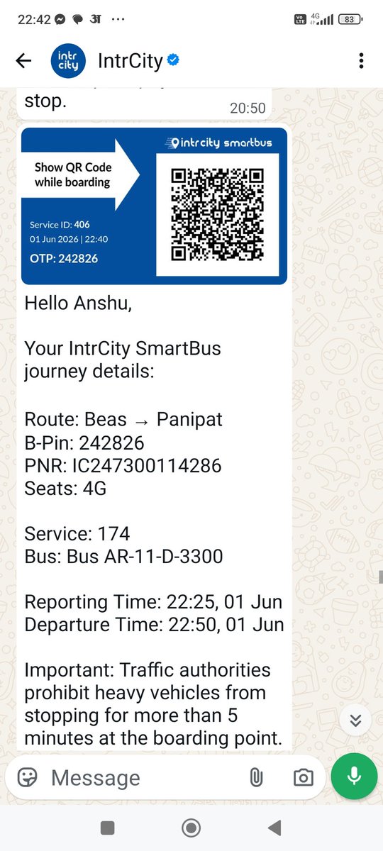 anshu4narang's tweet photo. @anilvijminister @PANIPAT_POLICE
@police_haryana @cmohry sir 
@IntrCity bus services group of burglar. not pick me and leave me on gt road at beas I am come 4M village ghuman nw whr I go. no othr transport BUS AR11D3300 Reach panipat toll from 4:00 am to 4:30  2/6/26 DO NEEDFUL https://t.co/e7hN8VKZbb