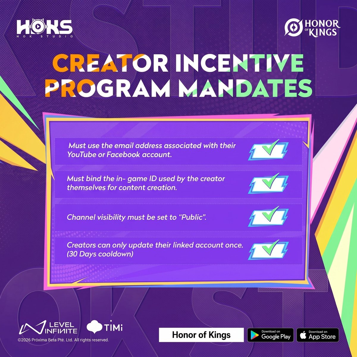 HOKIndia's tweet photo. Quick checklist before you join HOK Studio! 📱 Make sure to follow these simple rules to secure your creator perks. Check out the link in our bio to get started! ✅👑

#HOKStudio #HonorOfKings #HOK #CreatorProgram https://t.co/7vD1TK59U9