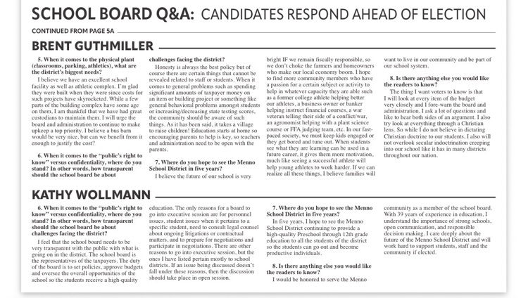 MennoWolves's tweet photo. School Board Election--Reminder to vote tomorrow, June 2, 2026, at Helena from 7 am to 7 pm. Candidate interviews from the Freeman Courier. https://t.co/dX7ZiEYpo7