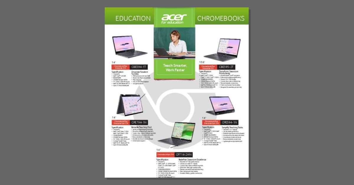 JuvinTech's tweet photo. Looking for Chromebooks built for student success? Download the datasheet to see @Acer's latest lineup delivers classroom-ready performance, durability, and easy management. 💻 https://t.co/5kOleIJkqP https://t.co/SKbGycoQlT