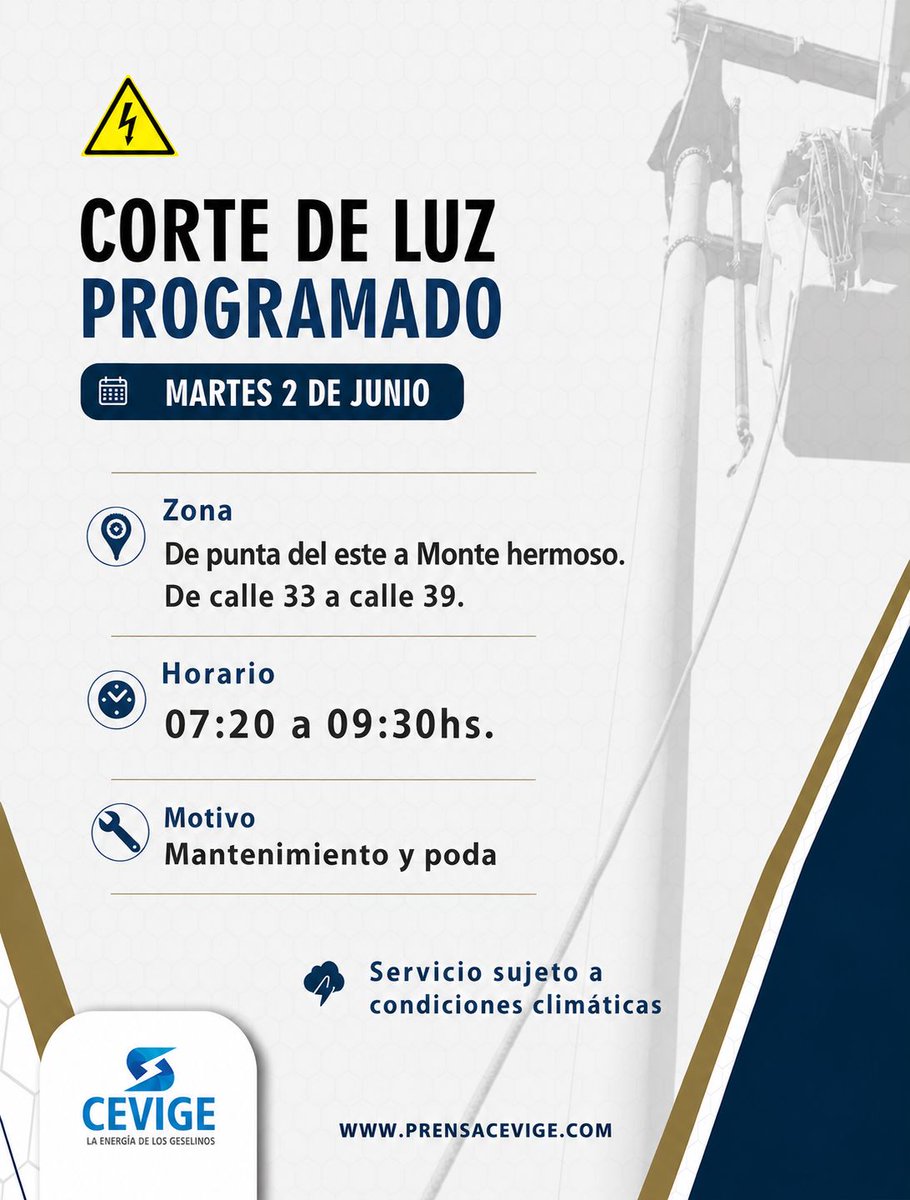 Cevige1's tweet photo. ⚡ ATENCIÓN: CORTE PROGRAMADO
📅 Martes 2
⏰ 07:20 a 09:30 hs
📍 Desde Punta del Este a Monte Hermoso y desde Calle 33 a Calle 39
🛠 Mantenimiento y poda
⚠️ Puede restablecerse antes
🌦 Sujeto al clima
#Cevige https://t.co/h8Ig76FSxG