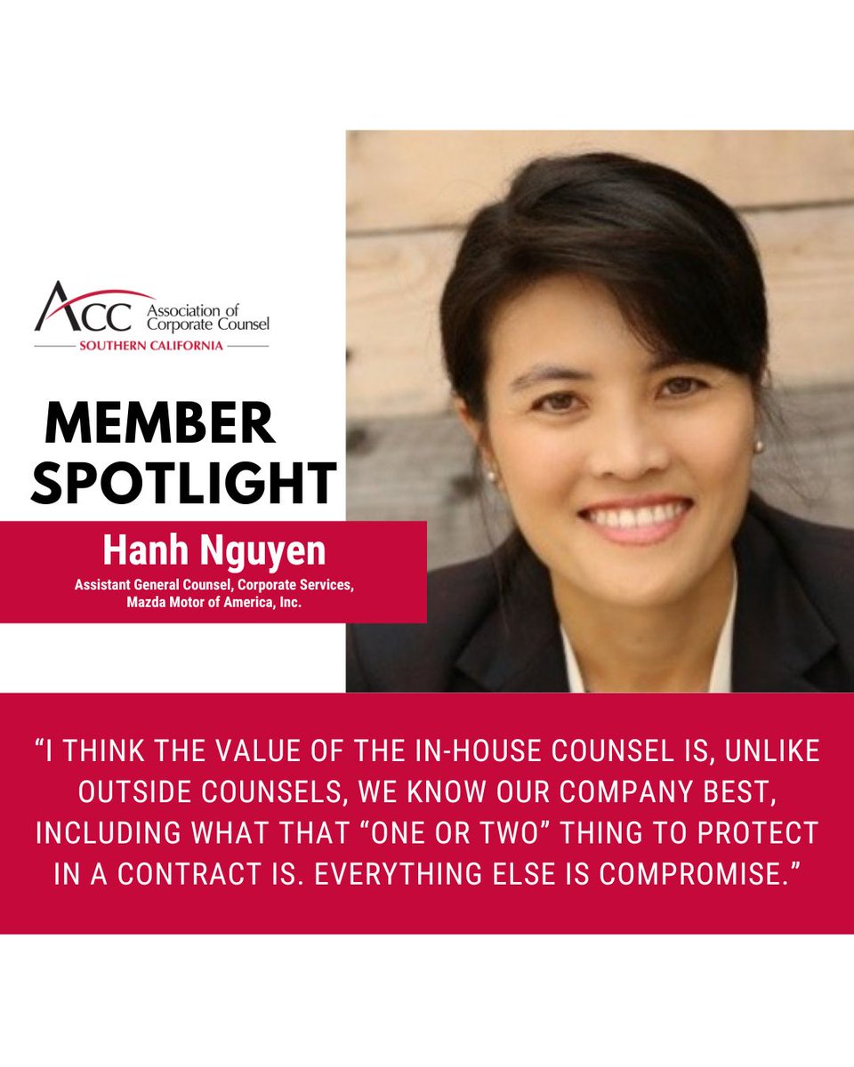 ACC_SoCal's tweet photo. Member Spotlight: Hanh Nguyen
Assistant General Counsel, Corporate Services, Mazda Motor of America, Inc.⁠
⁠
Read the Full Interview: https://t.co/NnBGPfWmsa https://t.co/7M8FKvk5Ui